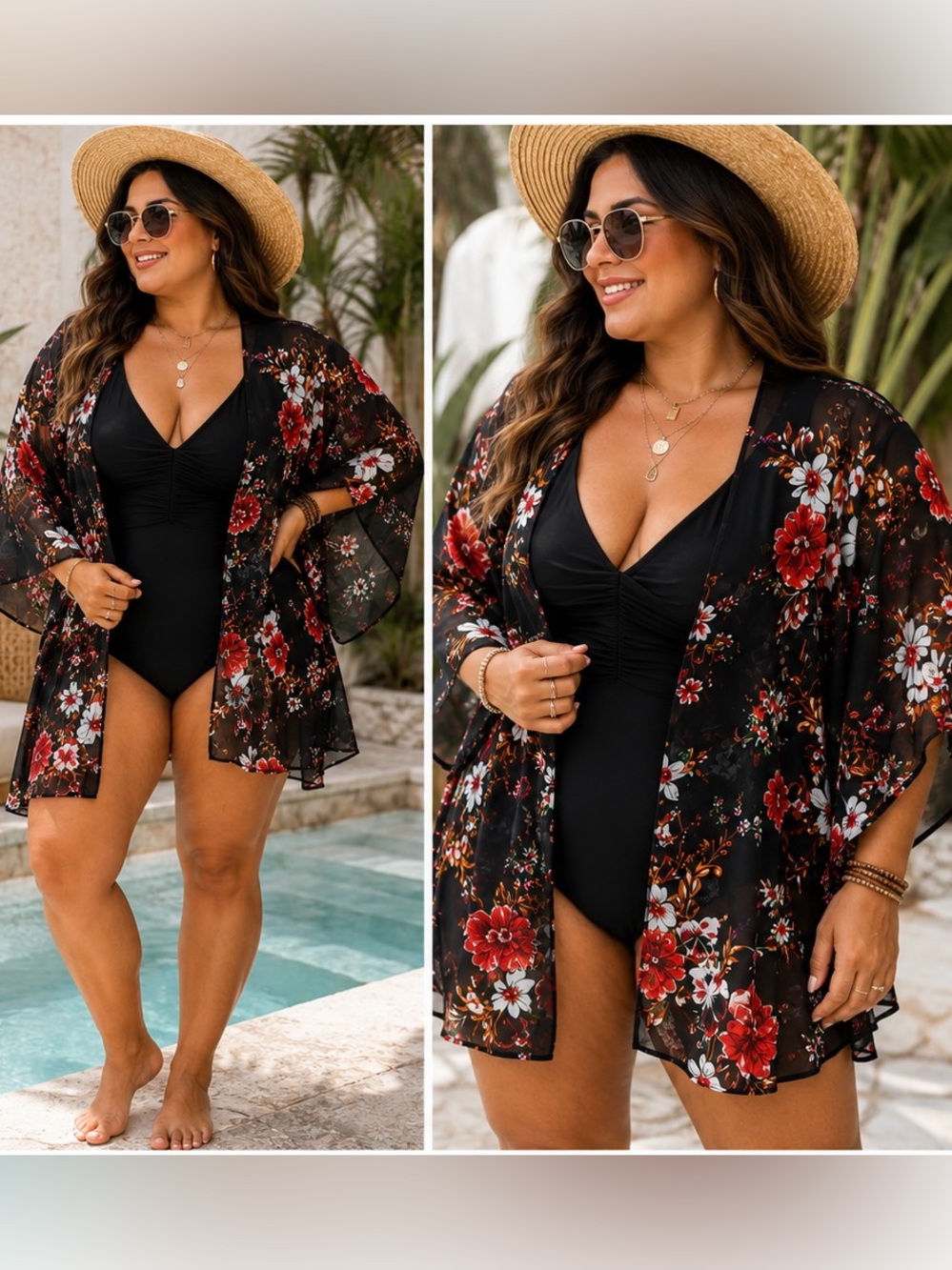 Gomorn Black Floral Sheer Kimono | Size Large | Boho Beach Cover-Up | Open Front